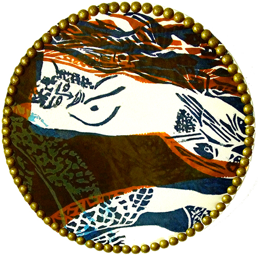Líbera y los peces, xilografía 3 tacos color sobre seda, tapizada con tachas, medidas 025 cm diámetro, año 2018